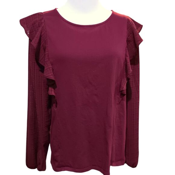 J. CREW Ruffled Blouse Size Large Burgundy Maroon Plaid Contrast Round Neck Soft - Picture 2 of 8